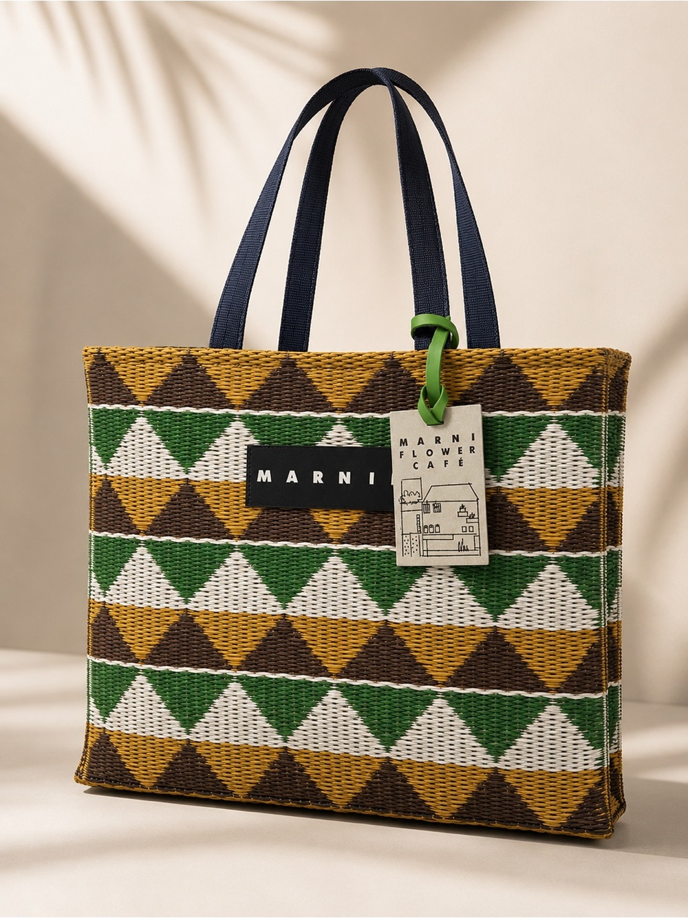 Marni Market Flower Café Geometric Woven Tote Bag Made Japan Green Yellow Brown